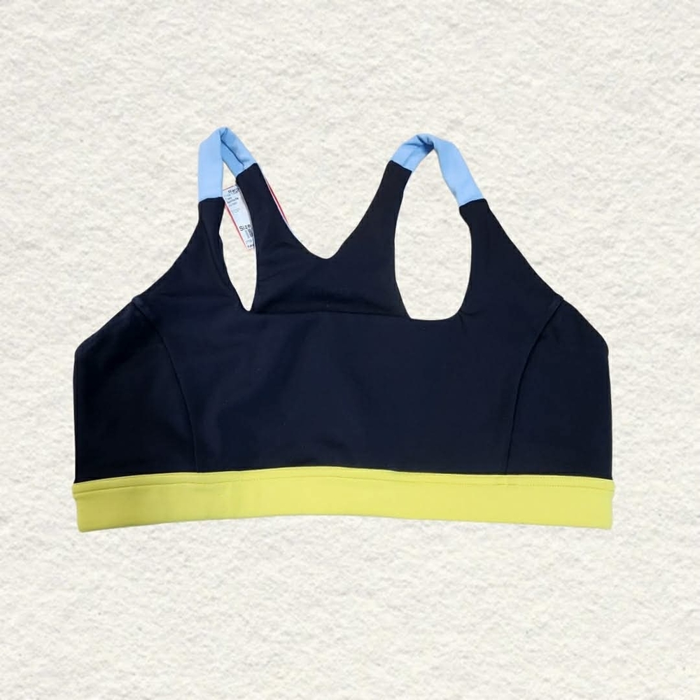 Splits59 Navy Sports Bra with Light Blue and Yellow Accents